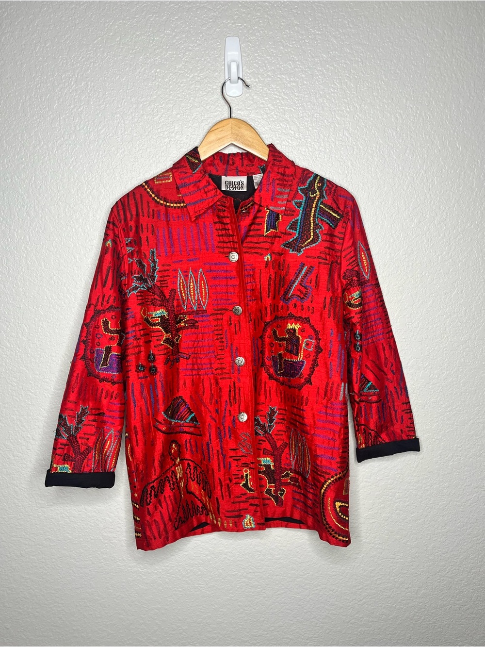 Vintage Chico’s Design Red Silk Embroidered Jacket Artwear Boho Tribal Size 0 S